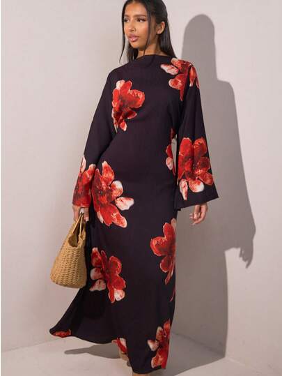 European & Middle Eastern Style Floral Print Belted Dress, Leaf & Flower All-Over Print, Woven Fabric, Zipper Back, Formal Evening Gown, Autumn