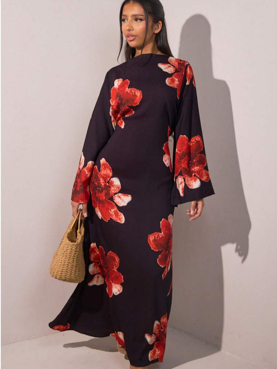 欧洲及中东风格花卉印花腰带连衣裙，叶花印花，梭织面料，后背拉链，正式晚礼服，秋冬黑色 - 黑色 - 查看 1