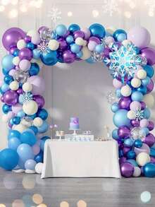 134pcs/Set Frozen Balloon Garland Arch Kit, Includes 1*2m Tassel Curtain, Snowflake Decor, Pearl Accents, Metal Balloons In Blue, Purple, White And Colorful Paper Balloons, Suitable For Fairy Tale Birthday, Snow Queen Or Princess Theme Party Decor - Khaki - View 6
