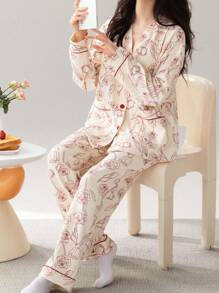 2pcs Women's V-Neck Long Sleeve Top And Pants Sleepwear Pajama Set, Skin-Friendly Homewear, Spring & Autumn, Fall Winter Clothes
