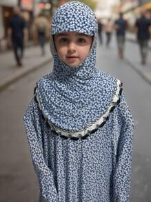 5-13 Years Old Muslim Girls' Abaya Dress (Multiple Colors Available), Traditional Arabic Style Habaya, New Fashionable Muslim Girls' Outfit, Breathable Loose Pink Floral Design With Headscarf (Multiple Colors Available)
