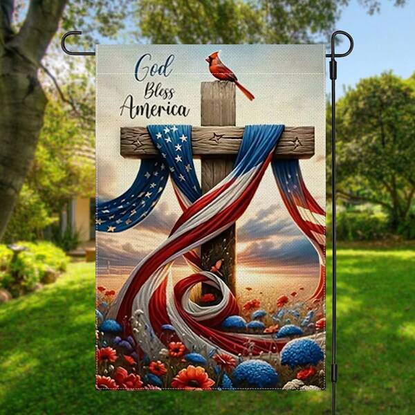 1PC 4th Of July Independence Day Flowers Cardinal Patriotic Garden Yard House Flag, Double Sided Garden Yard Flag, Home Decor, Outside Decor, Yard Decor, Garden Decor, Holiday Decor, No Flagpole 12x18in Party Decorations