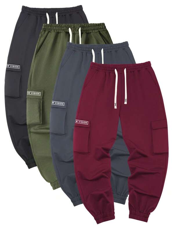 4-Piece Spring And Fall New Men's Work Pants Minimalist Style Monogram Print Casual Sports Regular Large Size Elastic Waist Drawstring Pants Fashionable Versatile Jogging Pants