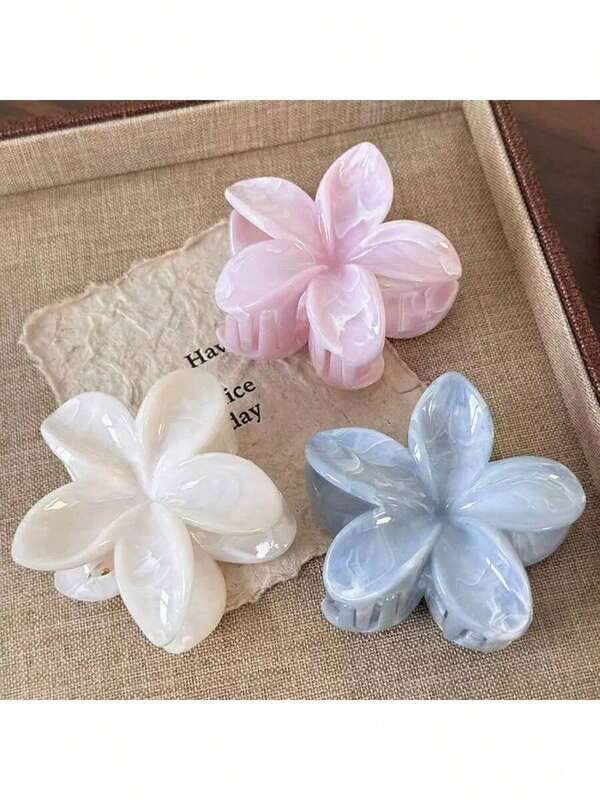3pcs Plus Size Flower Hair Clips For Women, 7cm/2.76in, Casual Lightweight Plastic Hair Clips For Hawaiian Beach, Elegant And Fashionable, Suitable For High Volume Hair In Summer