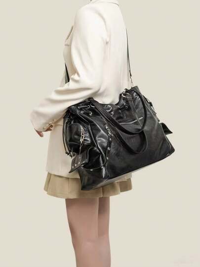 ROMWE Grunge Punk 1pc Retro Motorcycle Bag, Riveted Zipper Drawstring Pocket Large Capacity Commuter Tote Bag, Fashion Minimalist High-End Shoulder Bag, Y2K Baddie Handbag, Casual Soft Stylish Crossbody Bag, Adjustable Detachable Strap Multi-Wear For Daily Commute, Suitable For School, Work, Travel, Street, New Arrival Tote Bags For Woman , Gifts For Women
