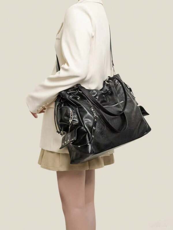 1pc Retro Motorcycle Bag, Riveted Zipper Drawstring Pocket Large Capacity Commuter Tote Bag, Fashion Minimalist High-End Shoulder Bag, Y2K Baddie Handbag, Casual Soft Stylish Crossbody Bag, Adjustable Detachable Strap Multi-Wear For Daily Commute, Suitable For School, Work, Travel, Street, New Arrival Tote Bags For Woman