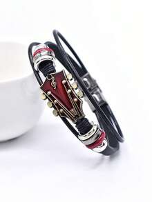 1pc Vintage Faux Leather Guitar Bracelet, Alloy Rock Music Guitar Bracelet For Men, Punk Style - Star - View 12