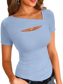 Womens Fashion Fall Cutout Long Sleeve Ribbed Slim Fitted Tops Shirts Tee Tshirts - 短款藍灰色 - 查看 1
