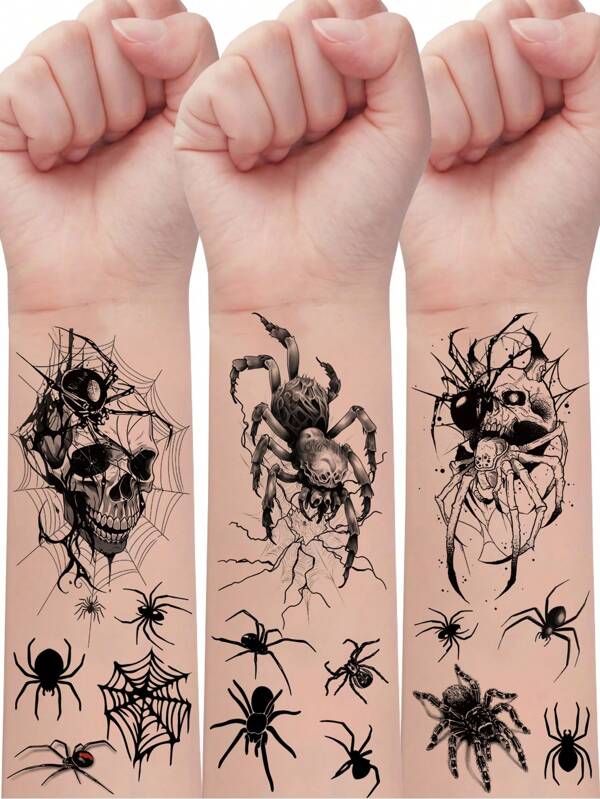 Set de 10 piezas de tatuajes temporales de Halloween, serie de arañas, calaveras y telarañas con 66 diseños, resistentes al agua, realistas y duraderos de 2 a 5 días, maquillaje temporal para fiestas de Halloween