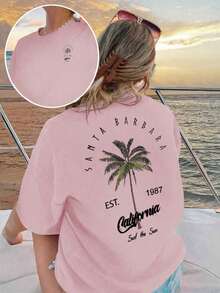 女士休闲圆领棕榈树字母印花度假风短袖T恤上衣，白色和粉色