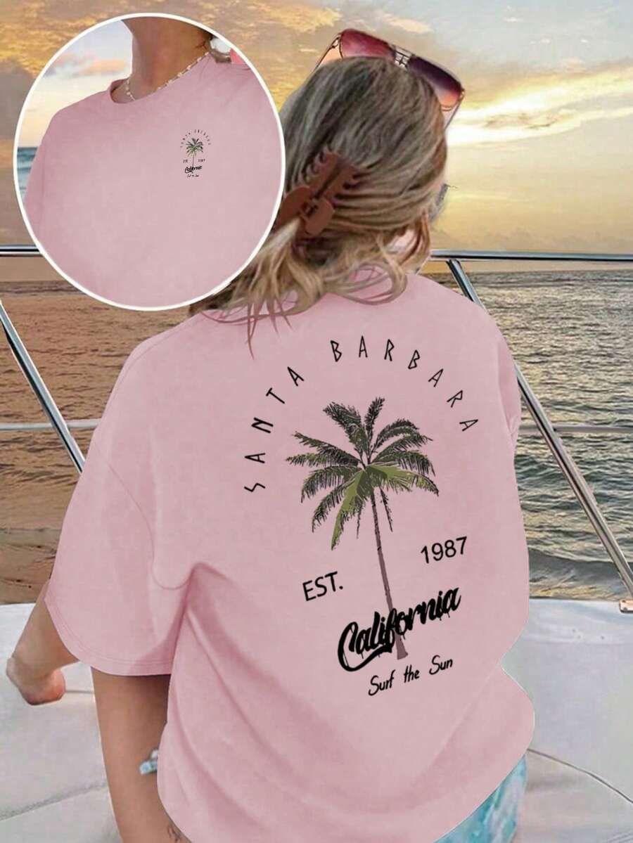 女士休闲圆领棕榈树字母印花度假风短袖T恤上衣，白色和粉色