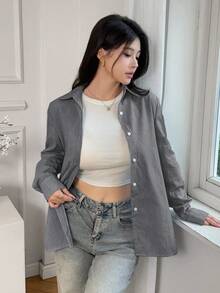 Women's Long Sleeve Single-Breasted Casual Loose Striped Button-Up Shirt