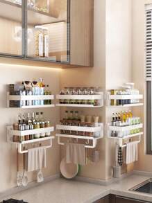 Kitchen Storage Rack, Wall Mounted For Kitchen, Bathroom, Balcony, Suitable For Kitchen, Bathroom, Toilet, Balcony, Made Of Aluminum Alloy, Sturdy And Durable, Anti-Moisture And Rust, Bottle And Can Storage Rack, Space Saving, Two Installation Methods, No Drill Required