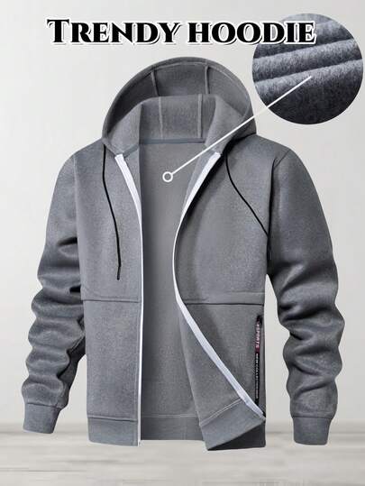 男士长袖羊羔绒内衬拉链连帽外套，保暖休闲百搭针织外套，秋冬季保暖内衬外套