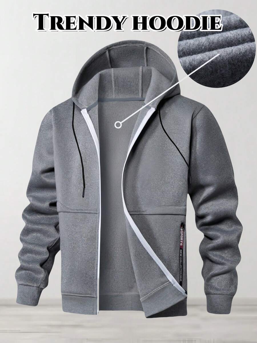 男士长袖羊羔绒内衬拉链连帽外套，保暖休闲百搭针织外套，秋冬季保暖内衬外套 - 灰色 - 查看 1