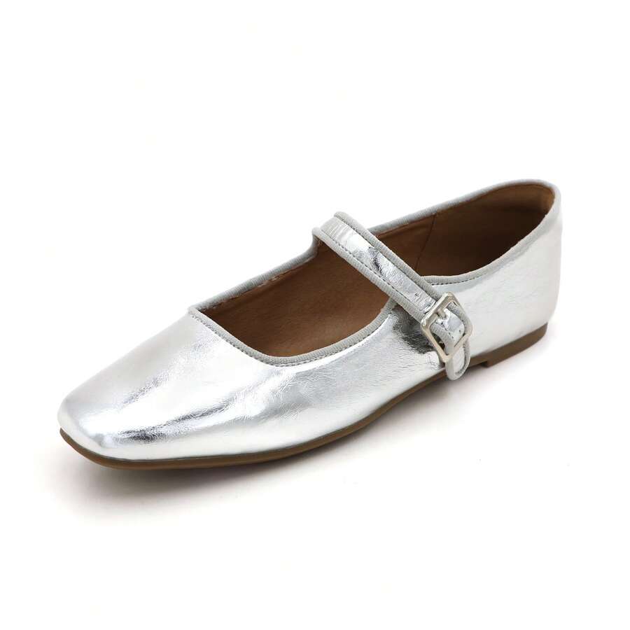 Mary Jane Flat Shoes Round Toe Ballet Flats For Women Dressy Fabric Business Flats Comfortable Classic Strap Flats For Office JUJU-1 - Bạc - Xem 1