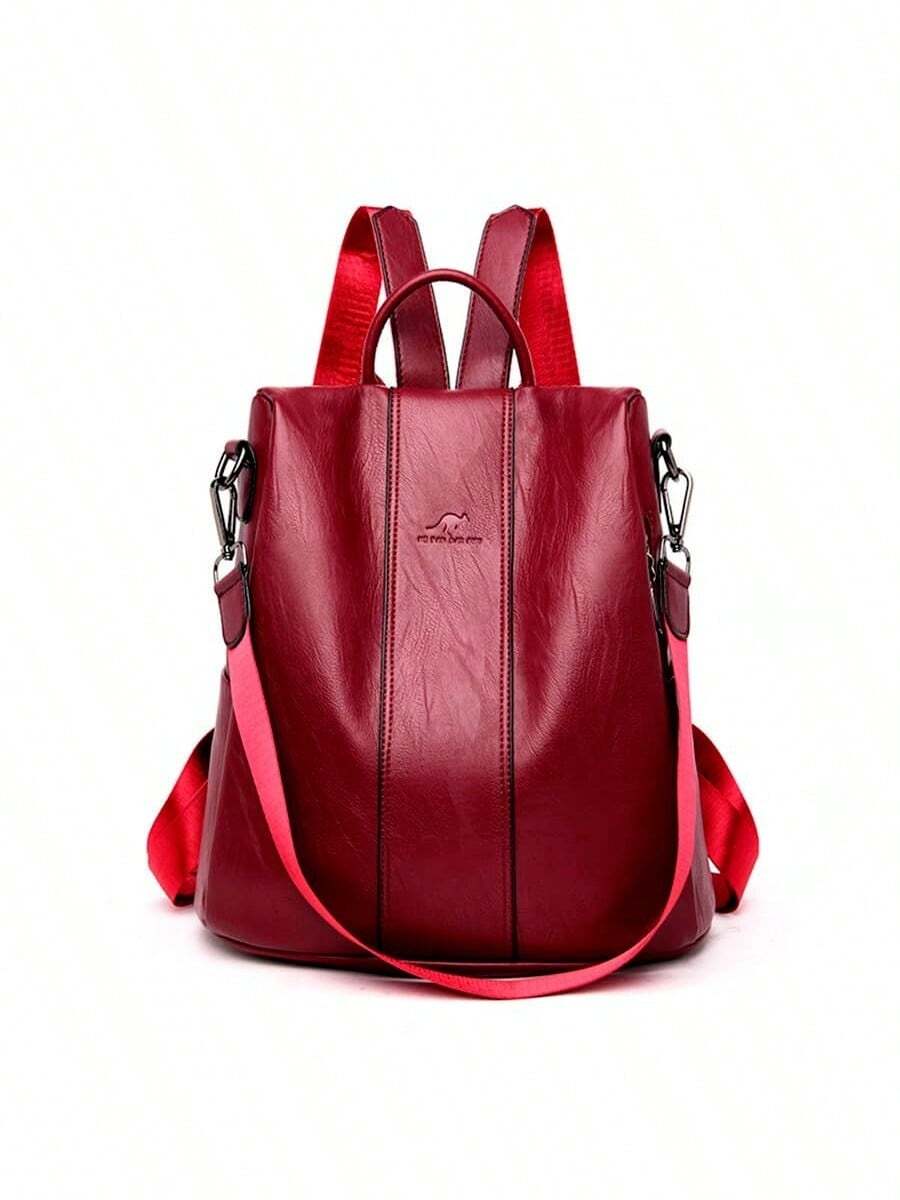 Women's Backpack Leather Casual Stylish Anti-Theft - Burgundy - View 1
