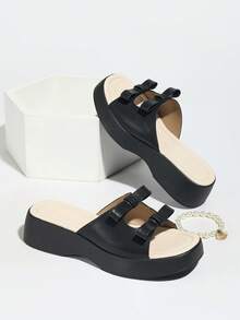 Women's Fashion Extra Light Platform Sandals, Outdoor Slippers Wedge High Heel, Party Shoes With Crystal Pearls - Black - View 6