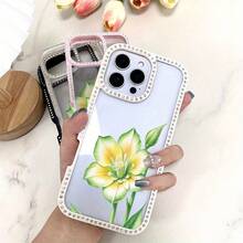 Funda para teléfono con diseño de flor verde amarillenta, elegante, doble cara, brillante | Funda brillante 11/12/13/14/15/16 - Rosa - Ver 4