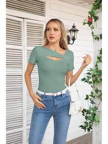 Womens Fashion Fall Cutout Long Sleeve Ribbed Slim Fitted Tops Shirts Tee Tshirts - Short-moss Green - View 2