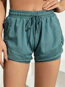Women's 2-In-1 Yoga Shorts With Quick-Drying Fabric And Mesh Pockets - For Casual Fitness, Gym Workouts Running Shorts- Suitable For Summer - For Women - Perfect For Active Lifestyle - màu xanh lá - Xem 5