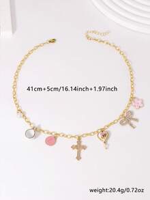 Multi-Element Necklace For Women - Cross, Bow, Letter, Heart, Flower, Faux Pearl Pendant, Suitable For Everyday Wear, Vacation, Date, Party, Festive Gift - Yellow Gold - View 4