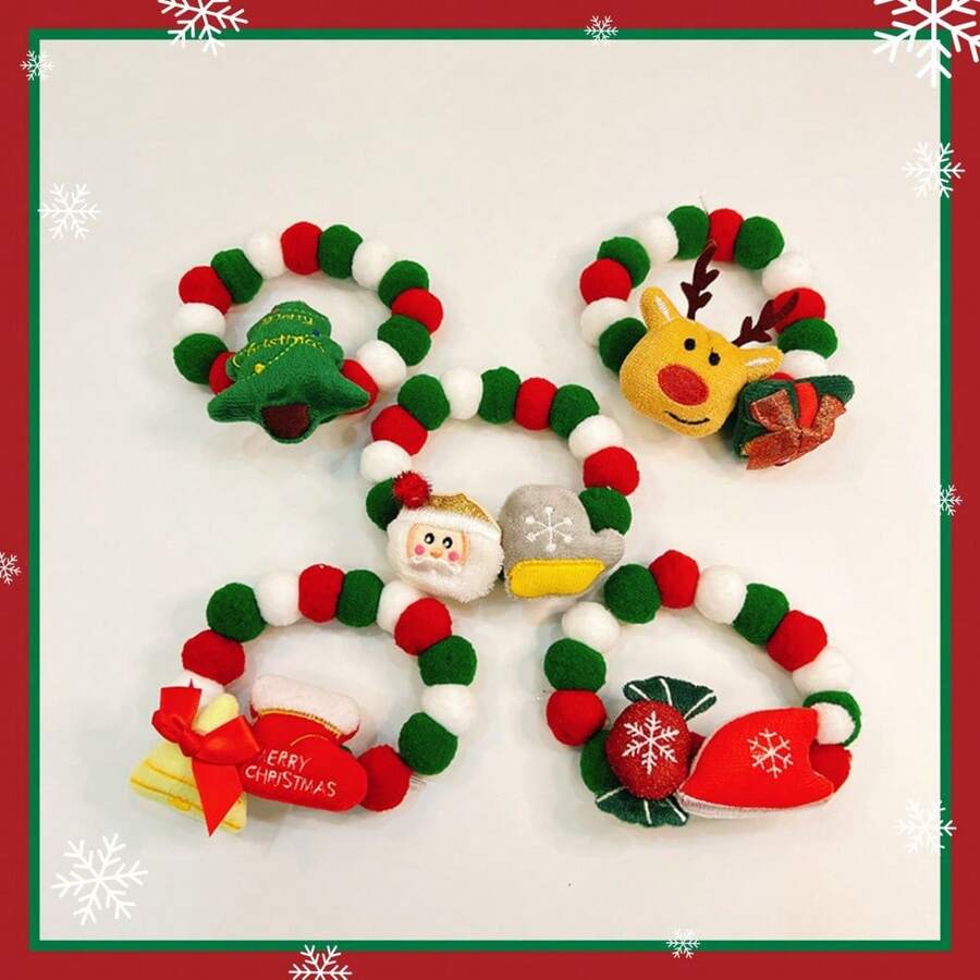 5pcs/Set Cute Pet Christmas Collar, Christmas Tree, Santa Claus, Reindeer Pom Pom Dog Necklace, Cat Collar, Holiday Decoration