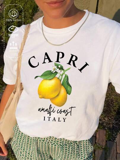 T-shirt da donna in cotone a coste, stampa estiva di limoni freschi, abbigliamento sportivo da donna in stile college per la primavera e l'estate, top a maniche corte da donna bianchi, morbidi e traspiranti.