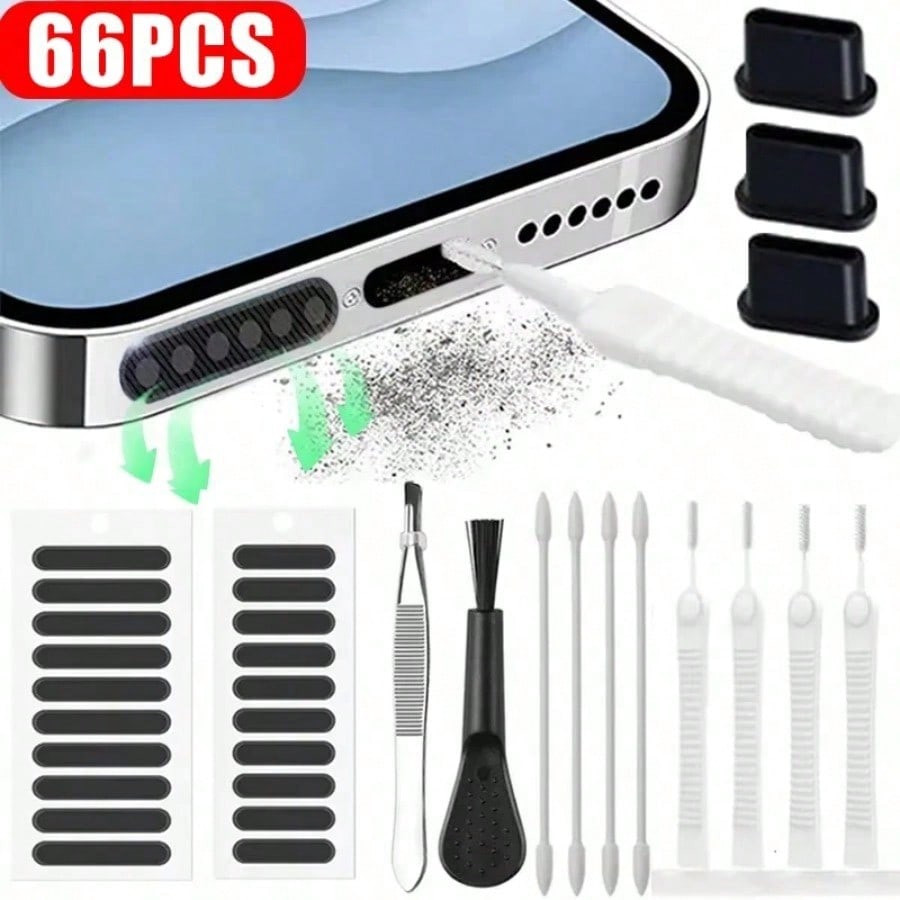 66PCS Mobile Phone Speaker Charging Port Cleaning Set Dust Plug Compatible With IPhone 16 15 14 Earphones Clean Kit Brush For