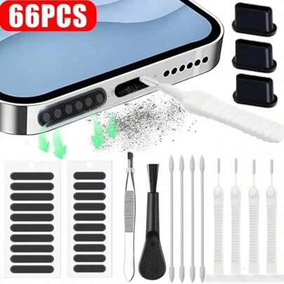 66PCS Mobile Phone Speaker Charging Port Cleaning Set Dust Plug For IPhone 16 15 14 Earphones Clean Kit Brush For