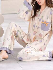 2 pièces/Set Femmes Pyjama Ouvert Devant Col V, Haut à Manches Longues et Pantalon Long, Vêtements Confortables pour la Maison, Printemps/Automne, Vêtements Automne Hiver - Parme - Voir 3