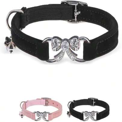 BINGPET Diamond Cat Collar,Adjustable Soft Velvet Leather Safe Kitten Collar With Crystal Heart Charm And Bells,Girl Boy Bling Stylish Cat Collars With Safety Elastic (Black, Neck Girth 6&#34;-8&#34;)
