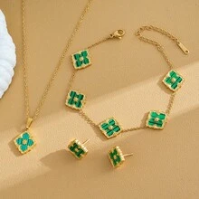 复古优雅 18K 镀金不锈钢四叶草低过敏性防水项链、手链、耳环首饰套装女士 - 彩色 - 查看 6