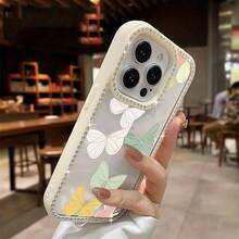 Funda para teléfono 1 unidad, diseño de mariposas pastel, estampado artístico, con purpurina, doble cara | Funda brillante 11/12/13/14/15/16 con pegatinas de joyas |/ Regalos de cumpleaños - Blanco - Ver 3