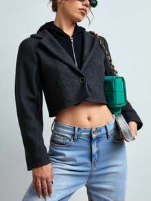 Chamarra saco hoodie afelpada gorro integrado corta dama mujer tejido suave  manga larga diseño casual cierre frontal estilo moderno cómodo ideal para frío otoño invierno prendas cálidas de moda día noche fiesta evento salida vacaciones - Gris Oscuro - Ver 3