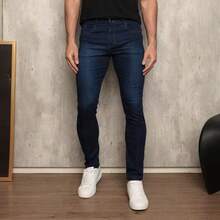 Men's Sport Thin Skinny Twill Pants With Lycra Slim Jeans - 深色水洗藍 - 查看 1