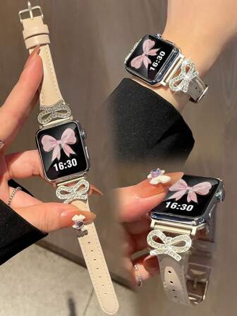 Sangle en cuir avec nœud pour Apple Watch 38 mm 40 mm 41 mm 42 mm 44 mm 45 mm 46 mm 49 mm - Sangle en cuir pleine fleur pour femmes - Fine, mince, habillée, mignonne, confortable, respirante - Compatible avec Ultra/SE/Série 10/9/8/7/6/5/4/3/2/1 - Mode affaires professionnelle/rendez-vous/usage quotidien - Accessoires de remplacement de sangle premium