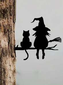 1pc Enchanting Witch & Cat Garden Decor - Iron Yard Art With Flying Broomstick, Perfect For Halloween & Outdoor Spaces, Tree Stump Insert, Outdoor Garden Decor|Spooky Theme Decor|Iron Construction, Witch DecorA Perfect Halloween Gift For Lovers, Parents And Friends. - Multicolor - View 9