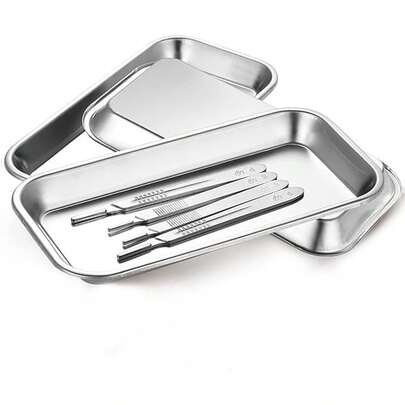 Bandeja de acero inoxidable para cirugía dental (paquete de 2), adecuada para laboratorios, salones de belleza, clínicas dentales, tiendas de tatuajes, cocinas, mesas de comedor, escuelas y otros lugares.