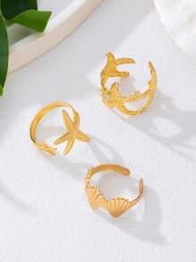 2pcs Metal Ocean Series Rings Set, 3D Starfish And Shell Adjustable Rings For Women, Suitable For Ball, Party, Holiday Wear, Girlfriends' Date Gift