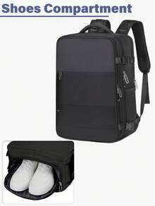 1pc Large Capacity Backpack With Shoe Compartment, Casual Backpack With Charging Port, Portable Laptop Backpack For Hiking, Trekking, Outdoor, Sports, Students Bags For Holiday - Black - View 7