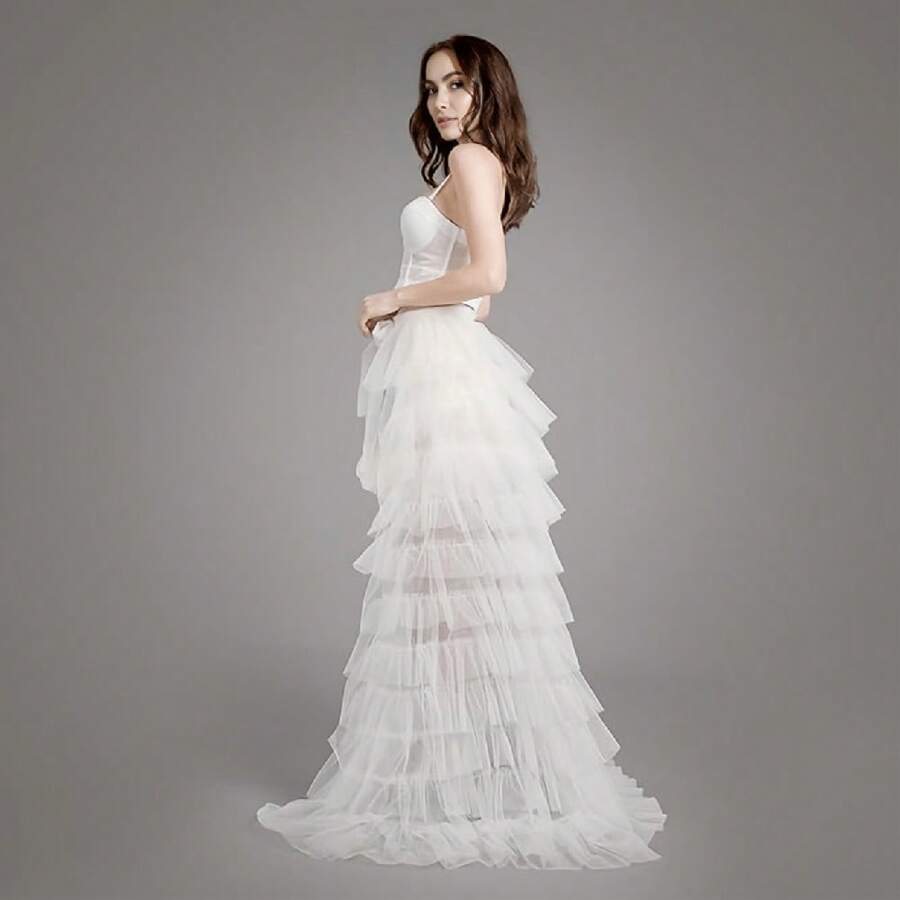 1 Peça Saia Midi Plissada de Tule de Várias Camadas, Estilo Europeu e Americano para Mulheres, Saia de Tule com Pompom Rastejante para Desfile de Moda, Adequado para Noiva, Acessório de Vestido de Casamento