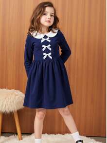 Girls' Long Sleeve Dress, Peter Pan Collar Bow Retro Style Dress, Navy Blue French Style Party Dress | Cute Young Girl Spring Outfit - Navy Blue - View 2