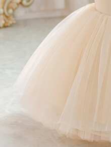 女婴香槟色手工串珠 3D 蝴蝶结圣诞派对优雅薄纱公主裙，适合女孩 1 岁生日礼物、派对、宴会、节日庆典 - 香檳色 - 查看 5