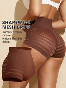 1 pieza Bragas moldeadoras de cintura alta para mujer, shorts moldeadores de cintura con malla a rayas, ropa interior reductora y de control de abdomen - Café integral - Ver 2