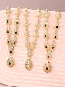 1 Set Luxury Metal Palace Style Water Drop Rhinestone Pendant Necklace Matching Earrings & Hollow Chain, 3pcs Arabic/France Romantic Gift Jewelry Set For Women - Necklace - View 7