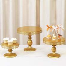 Set Of 3 Round Metal Cake Stand Set, Displaying Table For Birthday Party Cake Display Baby Shower Wedding Pastry Decor Supplies Cupcake Dessert Decoration - 金色 - 查看 4