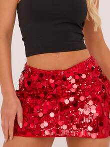 Mini Sequin Skirt For Women Sexy Stretchy Pencil Bodycon Night Out Party Club Sparkly Skirts - 紅色 - 查看 4