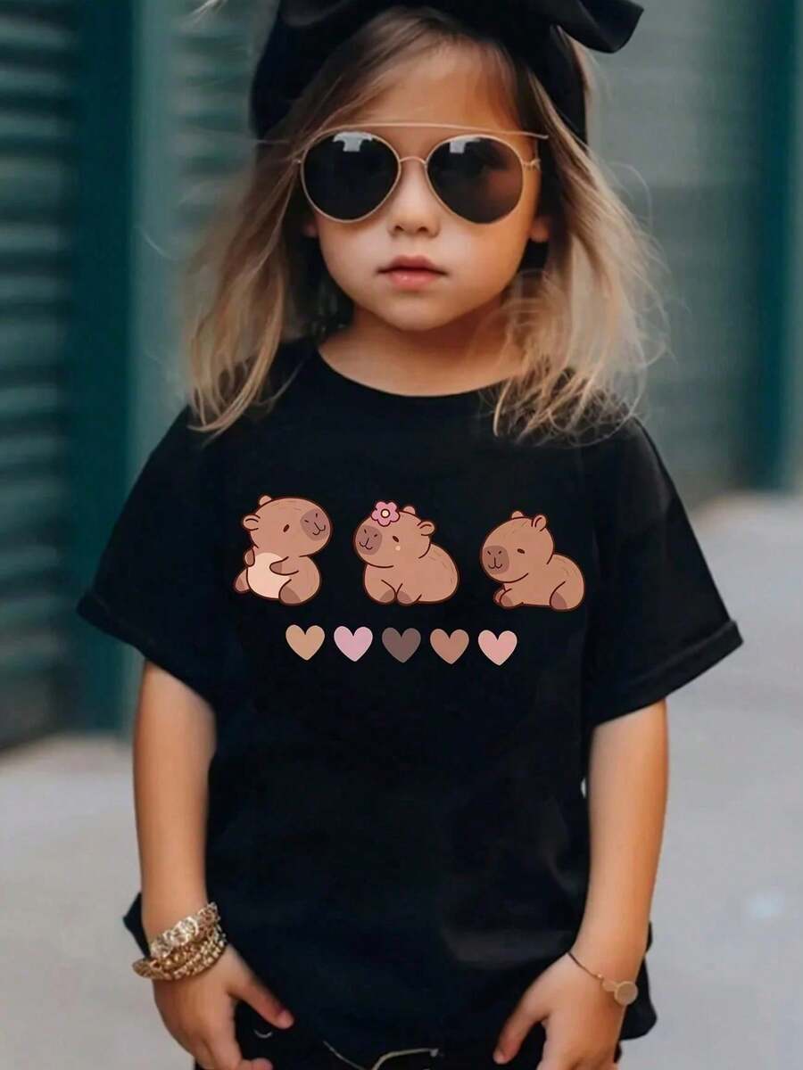 Simple Colorful Children's Casual Short Sleeve T-Shirt Ideal For Girls Cotton Custom Capybara Print - 黑色 - 查看 1