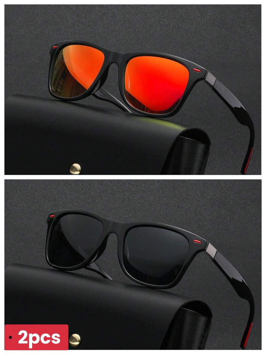 POLASUP 2pcs Polarized Lens, Classic Travel & Hiking Style Design, Driving & Fishing Polarized Lens Design, Red Design, Red Rivet With Silicone Shock-Absorbing Friction Pad, Fashion Street Fashion Glasses - 1*khung đen/xám toàn phần+1*khung đen/phim đỏ thật (không có hộp) - Xem 1